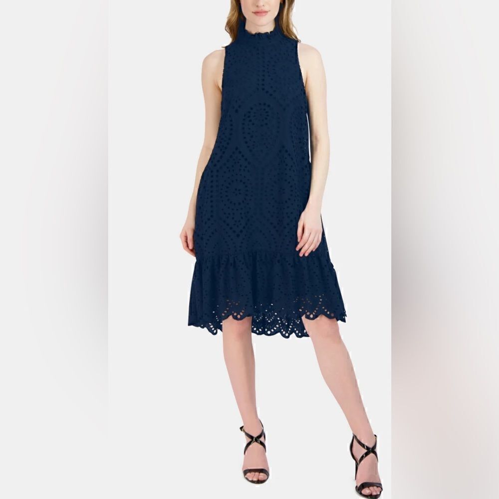 JULIA JORDAN JJ38793
Sleeveless Mock Neck Ruffle Eyelet Dress
